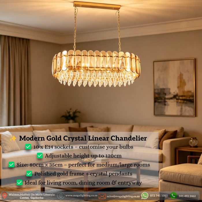 Modern Gold Crystal Linear Chandelier – E14 × 10 | Adjustable 120cm Height | 80 × 35cm | MEGA LIGHTING SA