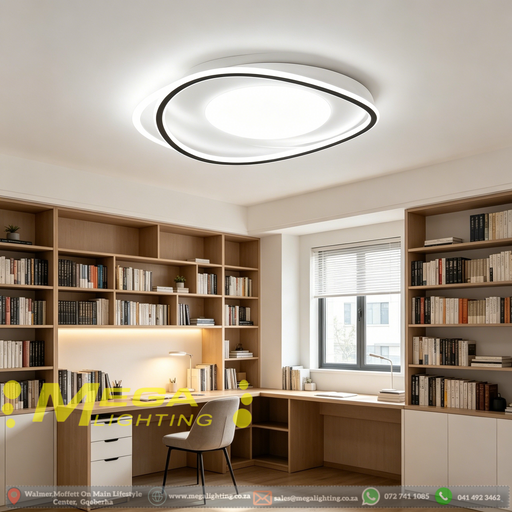 40x50cm MEGA LIGHTING modern interlocking elliptical LED ceiling light with 3000K warm light, matte black and white finish, installed in a minimalist bedroom setting