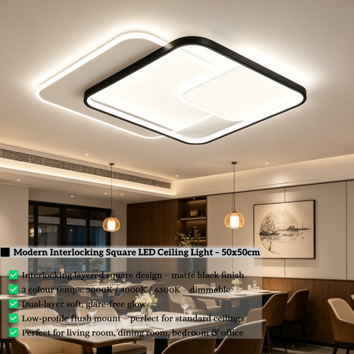 50x50cm MEGA LIGHTING modern interlocking square LED ceiling light with 3-colour dimmable lighting, matte black finish, installed in a contemporary living room
