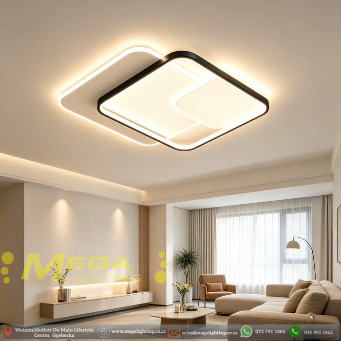 50x50cm MEGA LIGHTING modern interlocking square LED ceiling light with 3-colour dimmable lighting, matte black finish, installed in a contemporary living room