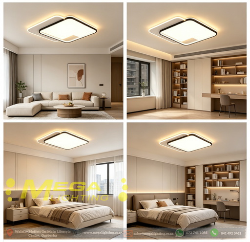 50x50cm MEGA LIGHTING modern interlocking square LED ceiling light with 3-colour dimmable lighting, matte black finish, installed in a contemporary living room