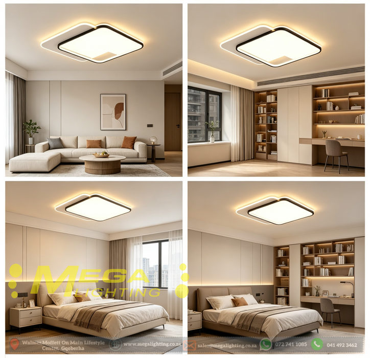 50x50cm MEGA LIGHTING modern interlocking square LED ceiling light with 3-colour dimmable lighting, matte black finish, installed in a contemporary living room