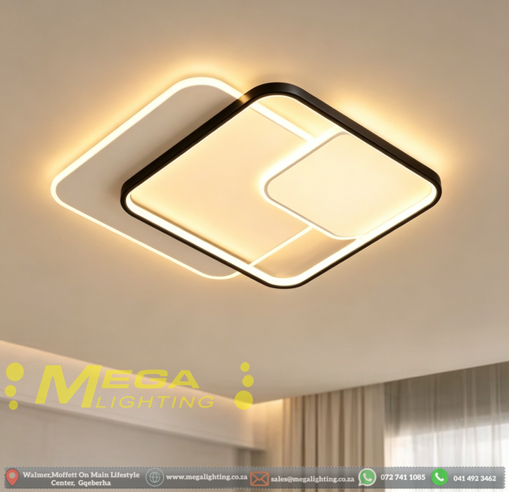 50x50cm MEGA LIGHTING modern interlocking square LED ceiling light with 3-colour dimmable lighting, matte black finish, installed in a contemporary living room