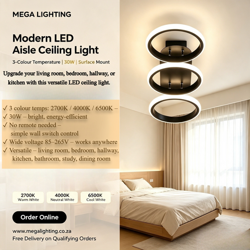 Modern 30W LED Aisle Ceiling Light 3‑colour switchable surface mount lamp for hallway bedroom balcony MEGA LIGHTING South Africa