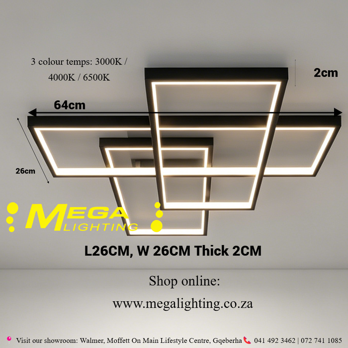 Modern 3-Square Black and White LED Ceiling Chandelier – 68W | 105×60×8cm | 3-Color Switchable (3000K/4000K/6500K) | Remote Control Dimming | Flicker-Free for Living Room, Dining Room & Bedroom | MEGA LIGHTING South Africa