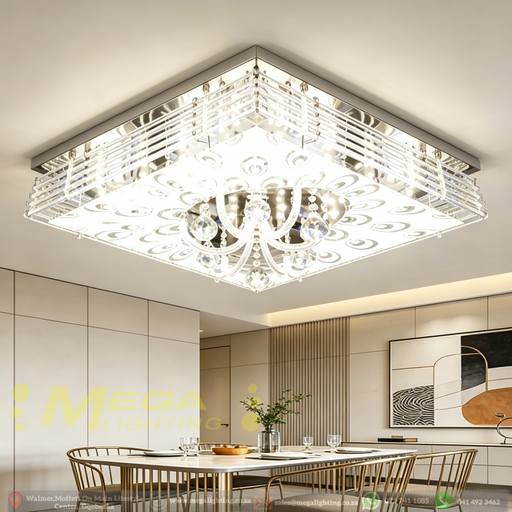 Modern LED crystal ceiling light with faceted crystal pendants and mirrored finish, installed in a contemporary living room, warm 3000K glow.