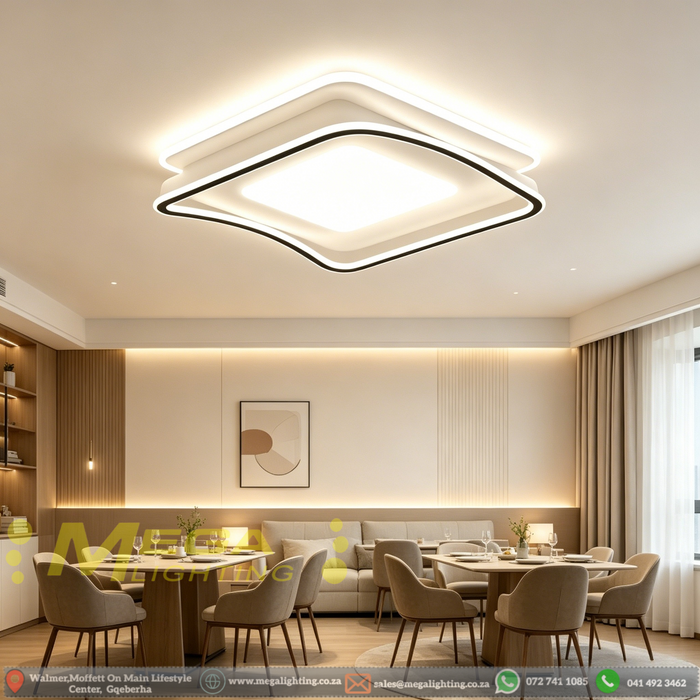 50x50cm MEGA LIGHTING modern layered wavy LED ceiling light with warm white lighting, three-tiered wavy frame, installed in a cozy living room setting