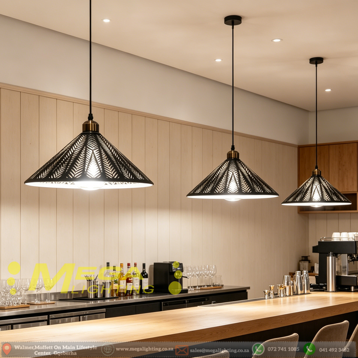 Black and white leaf cut-out pendant lights in modern South African dining room, adjustable 100cm height, 35cm diameter, 3000K/6500K light.