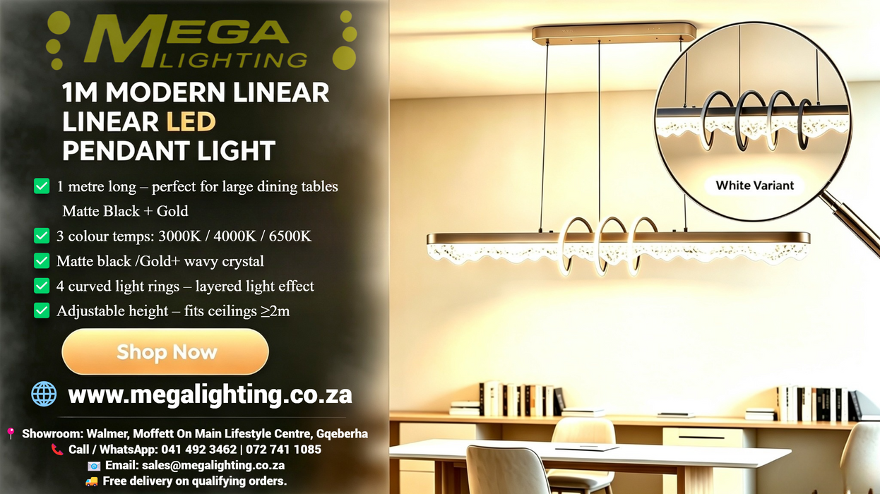 Modern Wave Linear LED Chandelier | Gold / Black Frame Options | 3-Color CCT (3000K/4000K/6500K) | Wavy Crystal Shade + 4 Curved Rings | 1m Length, Adjustable Height for Dining Room, Living Room &amp; Bedroom | MEGA LIGHTING South Africa