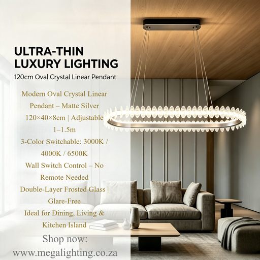 Modern Oval Crystal Linear LED Pendant Light, matte silver finish, 120×40×8cm, MEGA LIGHTING South Africa