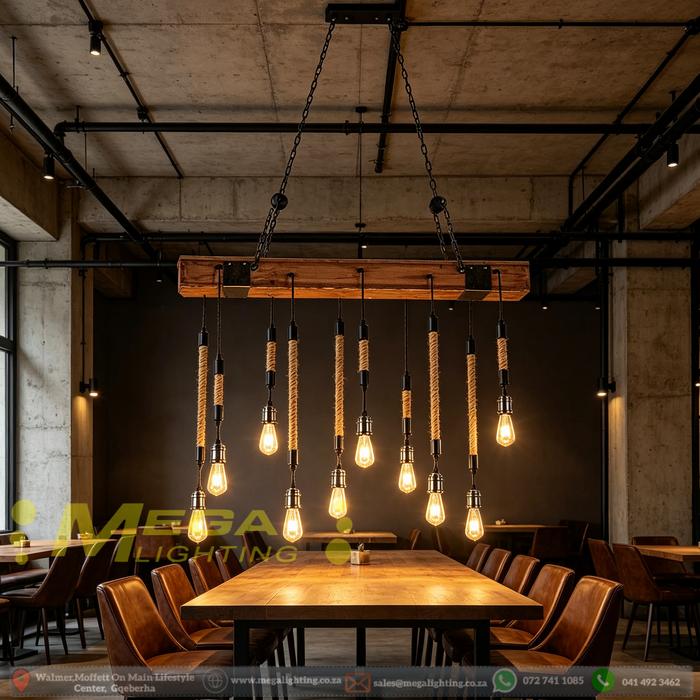 10‑Light vintage wooden beam industrial rope hanging chandelier, E27 retro Edison pendant light for dining table bar restaurant, MEGA LIGHTING South Africa