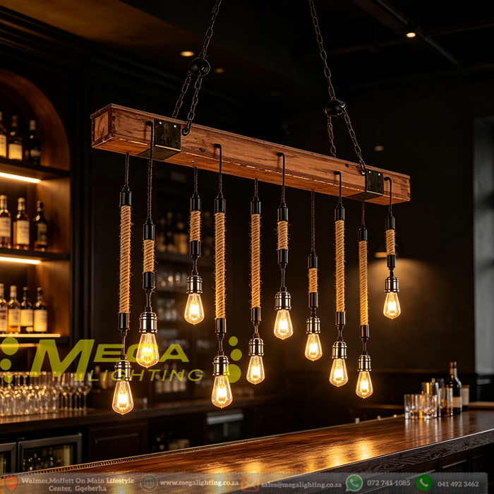 10‑Light vintage wooden beam industrial rope hanging chandelier, E27 retro Edison pendant light for dining table bar restaurant, MEGA LIGHTING South Africa