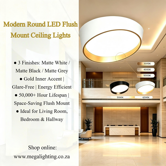 Modern Round LED Flush Mount Ceiling Light Collection – 3 Finishes (Matte White / Matte Black / Matte Grey) | Gold Inner Accent | Dimmable | Energy-Efficient for Living Room, Bedroom & Hallway | MEGA LIGHTING South Africa
