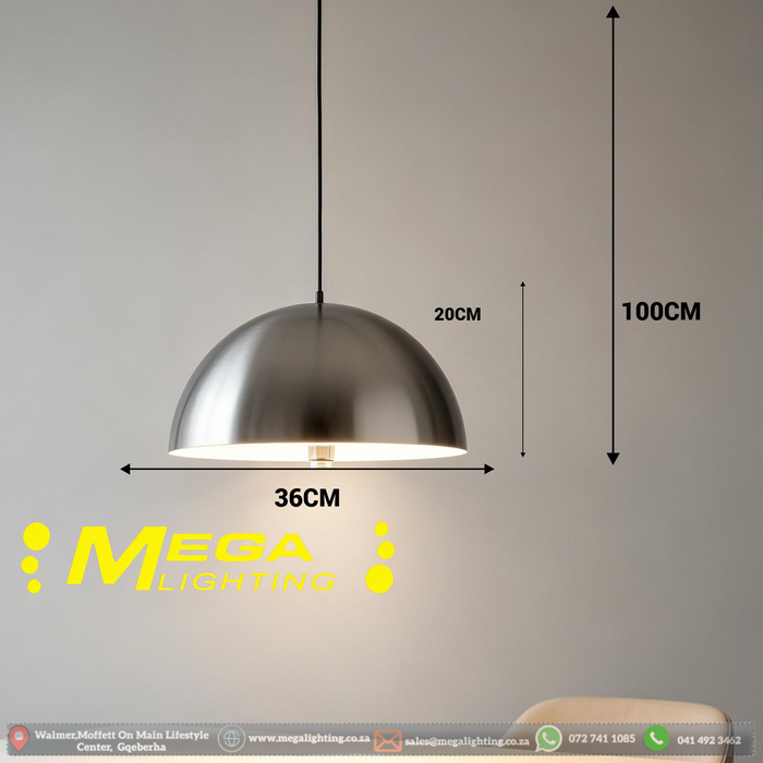 Modern Silver Dome Pendant Light – 36cm Shade | Adjustable 100cm | E27 Base | Polished Silver Hanging Lamp for Dining Table, Kitchen Island & Bar | MEGA LIGHTING South Africa