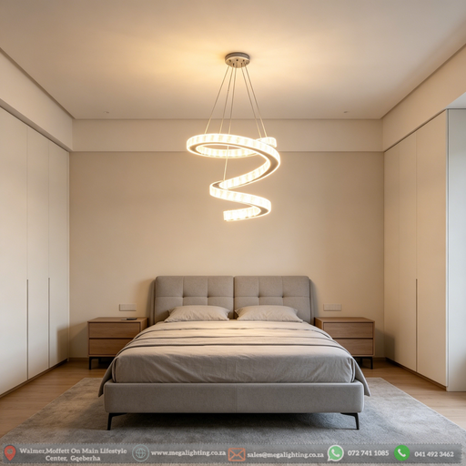 Modern white spiral LED chandelier suspended above a bed, emitting warm white light – Mega Lighting