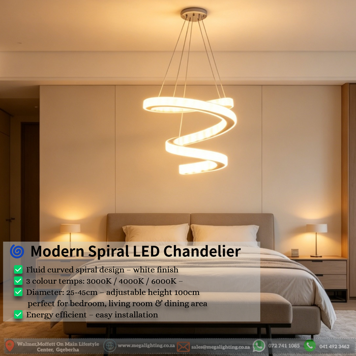 Modern white spiral LED chandelier suspended above a bed, emitting warm white light – Mega Lighting
