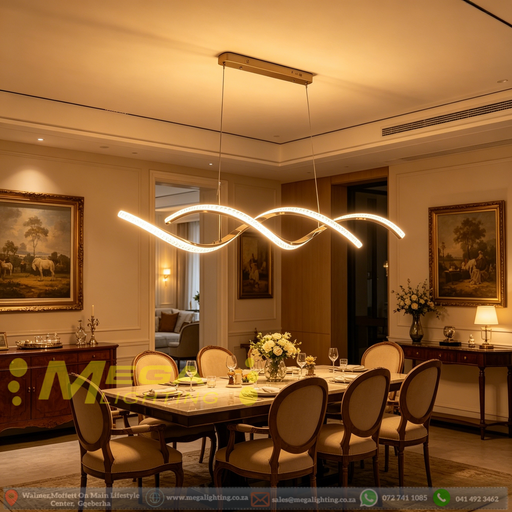 Modern wave-shaped LED pendant light, gold finish, installed in a minimalist European-style dining room, showing warm 3000K lighting.