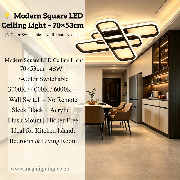 Modern Square LED Ceiling Light – 70×53cm | 3-Color Switchable (3000K/4000K/6500K) | Wall Switch Control – No Remote Needed | 24W Dimmable Flush Mount for Kitchen Island, Bedroom & Living Room | MEGA LIGHTING South Africa
