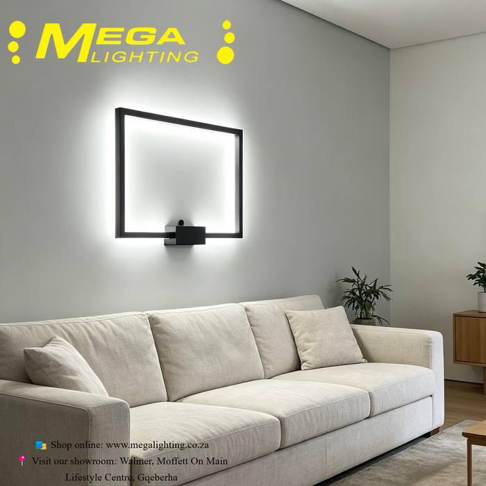 Modern Square LED Wall Light matte‑black metal frame 3‑colour changing L30×W21.5×H4cm MEGA LIGHTING South Africa