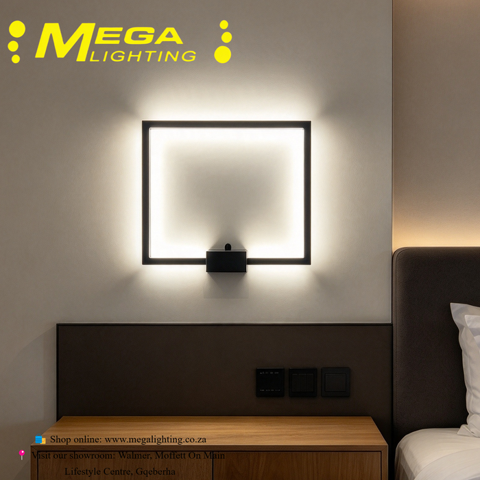 Modern Square LED Wall Light matte‑black metal frame 3‑colour changing L30×W21.5×H4cm MEGA LIGHTING South Africa