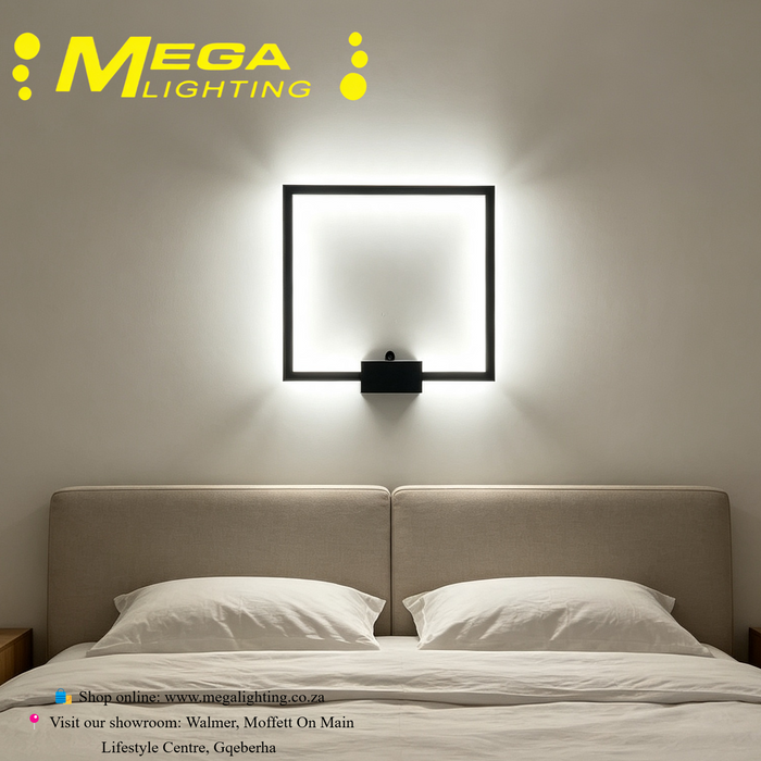 Modern Square LED Wall Light matte‑black metal frame 3‑colour changing L30×W21.5×H4cm MEGA LIGHTING South Africa
