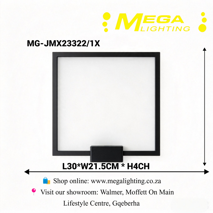 Modern Square LED Wall Light matte‑black metal frame 3‑colour changing L30×W21.5×H4cm MEGA LIGHTING South Africa