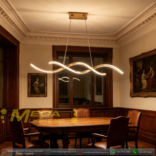 Modern wave-shaped LED pendant light, gold finish, installed in a minimalist European-style dining room, showing warm 3000K lighting.