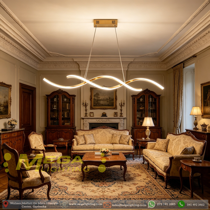 Modern wave-shaped LED pendant light, gold finish, installed in a minimalist European-style dining room, showing warm 3000K lighting.