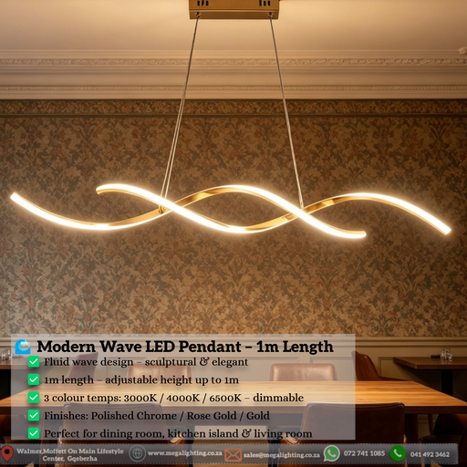 Modern wave-shaped LED pendant light, gold finish, installed in a minimalist European-style dining room, showing warm 3000K lighting.