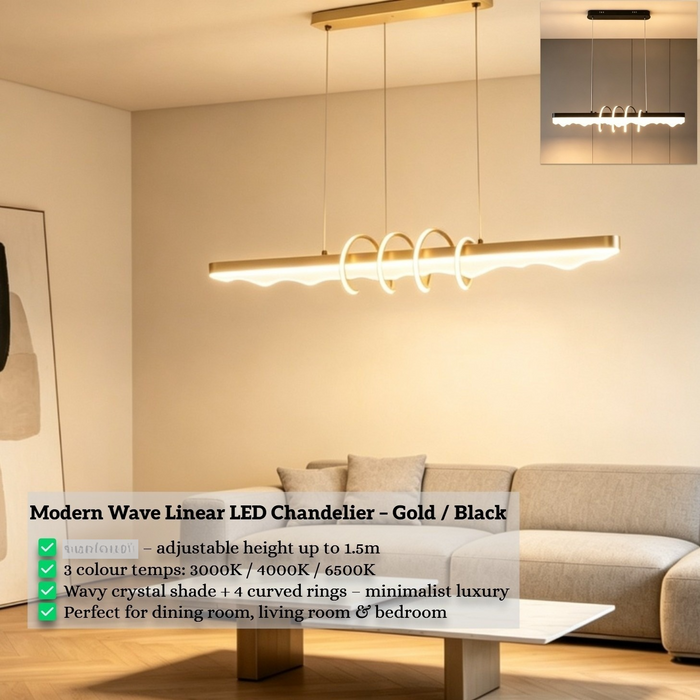 Modern Wave Linear LED Chandelier | Gold / Black Frame Options | 3-Color CCT (3000K/4000K/6500K) | Wavy Crystal Shade + 4 Curved Rings | 1m Length, Adjustable Height for Dining Room, Living Room &amp; Bedroom | MEGA LIGHTING South Africa