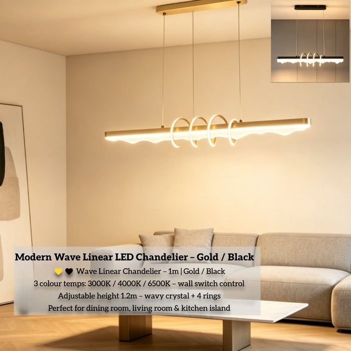 Modern Wave Linear LED Chandelier | Gold / Black Frame Options | 3-Color CCT (3000K/4000K/6500K) | Wavy Crystal Shade + 4 Curved Rings | 1m Length, Adjustable Height for Dining Room, Living Room &amp; Bedroom | MEGA LIGHTING South Africa