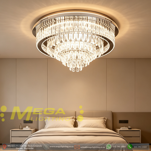 60cm luxury multi‑layer crystal flush mount chandelier, 3‑colour switchable LED polished chrome MEGA LIGHTING South