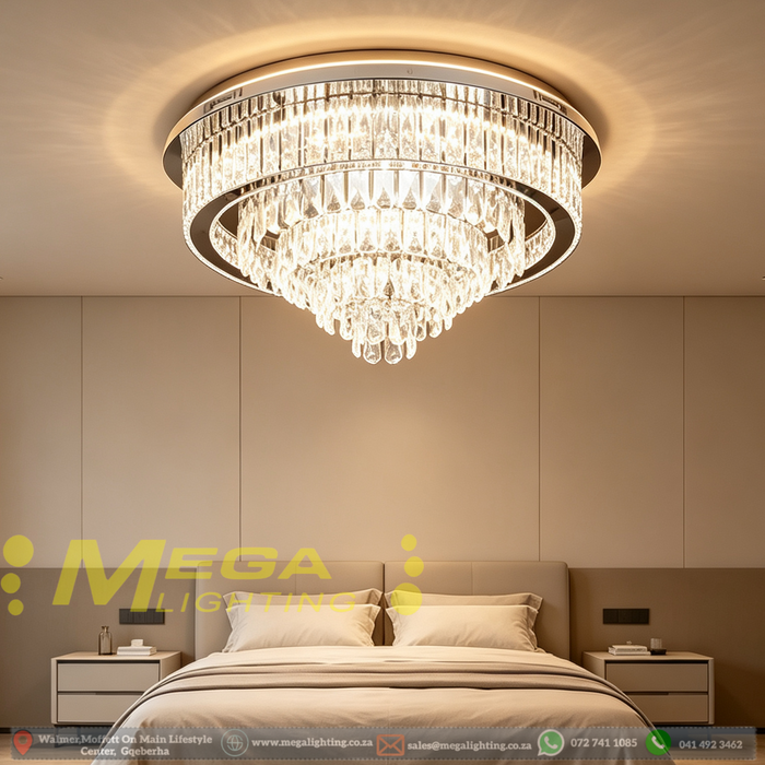60cm luxury multi‑layer crystal flush mount chandelier, 3‑colour switchable LED polished chrome MEGA LIGHTING South