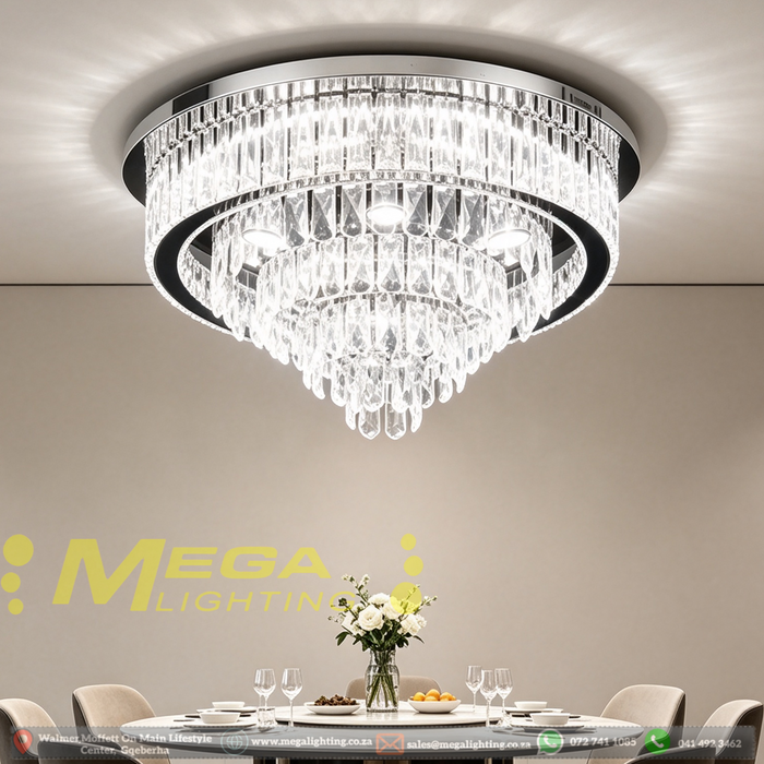 60cm luxury multi‑layer crystal flush mount chandelier, 3‑colour switchable LED polished chrome MEGA LIGHTING South