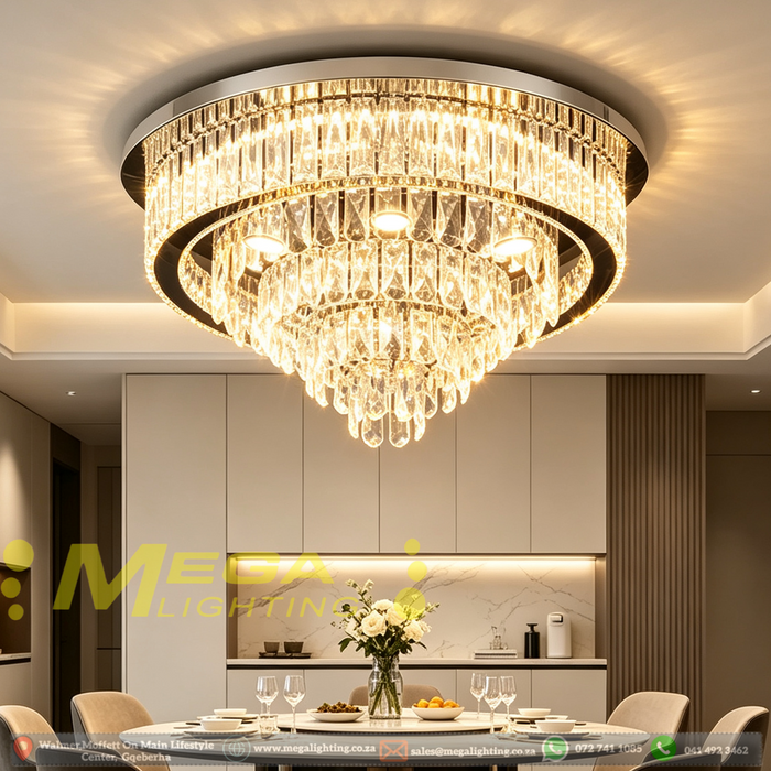 60cm luxury multi‑layer crystal flush mount chandelier, 3‑colour switchable LED polished chrome MEGA LIGHTING South