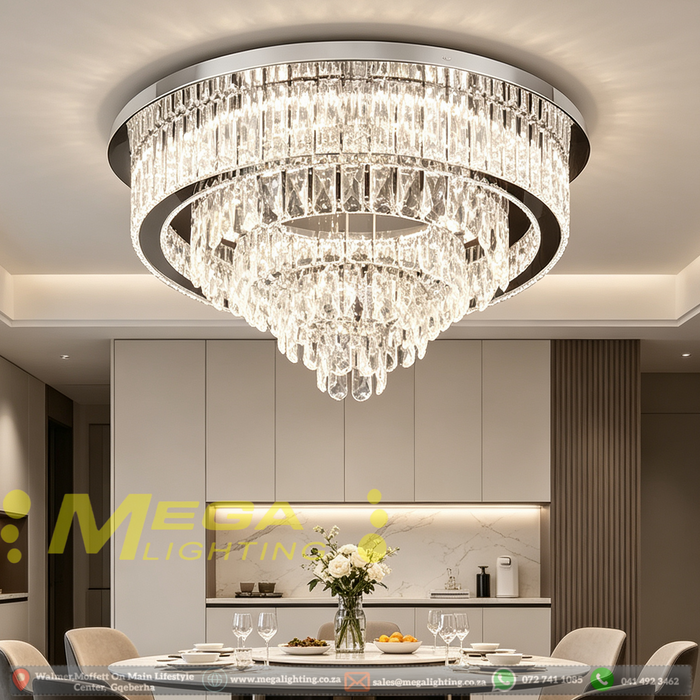 60cm luxury multi‑layer crystal flush mount chandelier, 3‑colour switchable LED polished chrome MEGA LIGHTING South