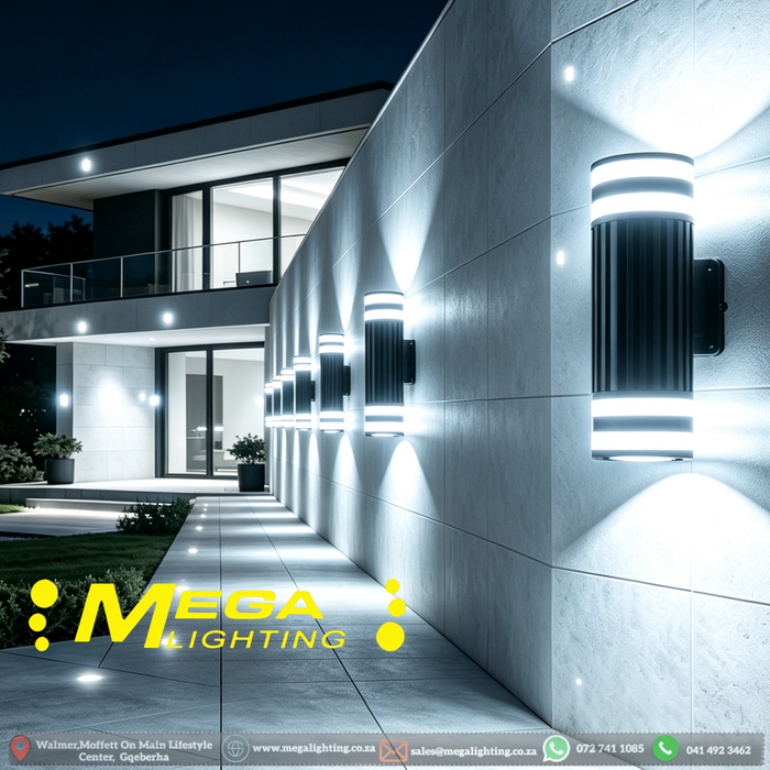 MG‑TL2073 outdoor LED wall light 10W 6000K cool‑white up‑down dual‑light ribbed black waterproof exterior sconce MEGA LIGHTING South Africa