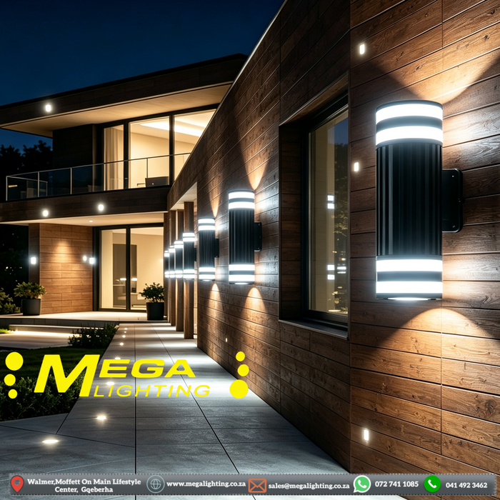 MG‑TL2073 outdoor LED wall light 10W 6000K cool‑white up‑down dual‑light ribbed black waterproof exterior sconce MEGA LIGHTING South Africa