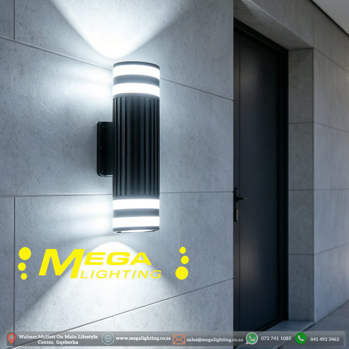 MG‑TL2073 outdoor LED wall light 10W 6000K cool‑white up‑down dual‑light ribbed black waterproof exterior sconce MEGA LIGHTING South Africa