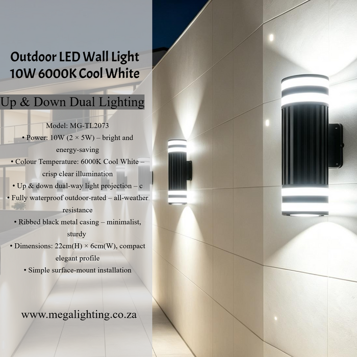 MG‑TL2073 outdoor LED wall light 10W 6000K cool‑white up‑down dual‑light ribbed black waterproof exterior sconce MEGA LIGHTING South Africa
