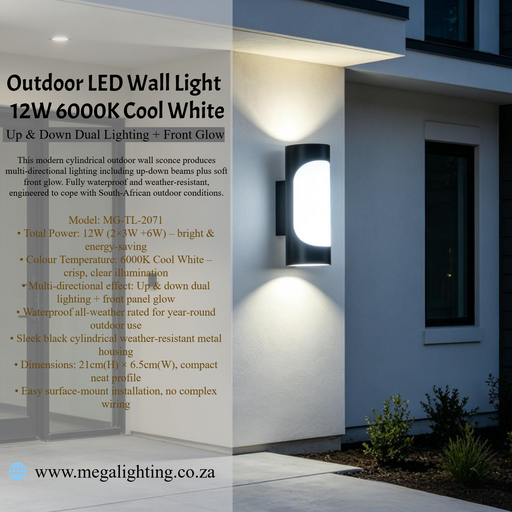 MG‑TL‑2071 outdoor LED wall light 12W 6000K cool‑white up‑down dual‑lighting plus front‑glow waterproof black‑cylinder exterior sconce MEGA LIGHTING South Africa