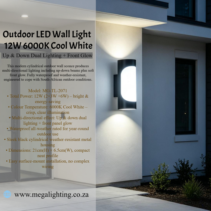 MG‑TL‑2071 outdoor LED wall light 12W 6000K cool‑white up‑down dual‑lighting plus front‑glow waterproof black‑cylinder exterior sconce MEGA LIGHTING South Africa