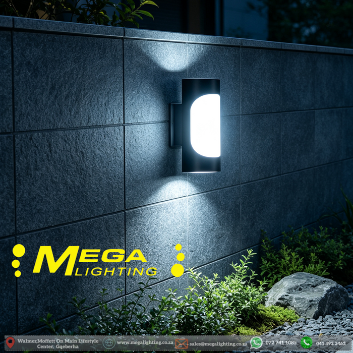MG‑TL‑2071 outdoor LED wall light 12W 6000K cool‑white up‑down dual‑lighting plus front‑glow waterproof black‑cylinder exterior sconce MEGA LIGHTING South Africa