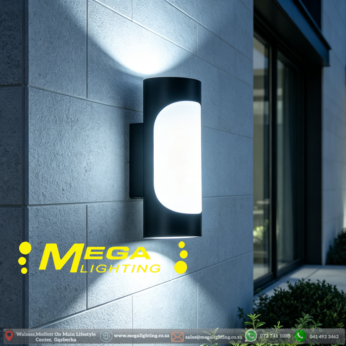 MG‑TL‑2071 outdoor LED wall light 12W 6000K cool‑white up‑down dual‑lighting plus front‑glow waterproof black‑cylinder exterior sconce MEGA LIGHTING South Africa