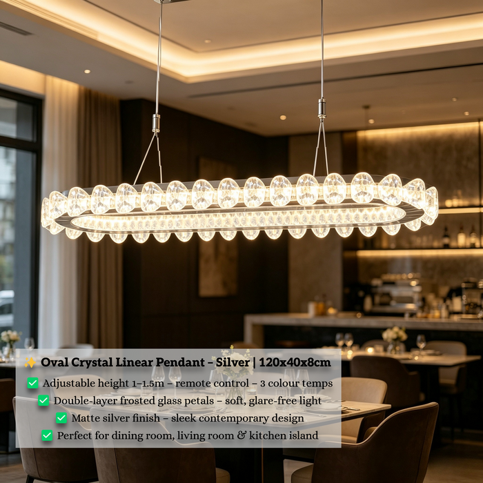 Modern Luxury Oval Crystal Linear LED Pendant Light | 120x40x8cm | Adjustable Height 1-1.5m | 3-Color Temp (3000K/4000K/6500K) with Remote | Matte Silver for Dining Room, Living Room &amp; Kitchen Island | MEGA LIGHTING South Africa