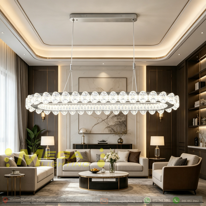 Modern Luxury Oval Crystal Linear LED Pendant Light | 120x40x8cm | Adjustable Height 1-1.5m | 3-Color Temp (3000K/4000K/6500K) with Remote | Matte Silver for Dining Room, Living Room &amp; Kitchen Island | MEGA LIGHTING South Africa