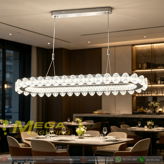 Modern Luxury Oval Crystal Linear LED Pendant Light | 120x40x8cm | Adjustable Height 1-1.5m | 3-Color Temp (3000K/4000K/6500K) with Remote | Matte Silver for Dining Room, Living Room &amp; Kitchen Island | MEGA LIGHTING South Africa