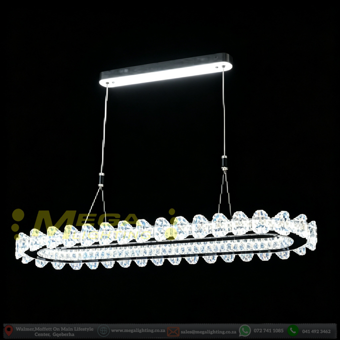 Modern Luxury Oval Crystal Linear LED Pendant Light | 120x40x8cm | Adjustable Height 1-1.5m | 3-Color Temp (3000K/4000K/6500K) with Remote | Matte Silver for Dining Room, Living Room &amp; Kitchen Island | MEGA LIGHTING South Africa