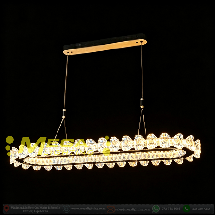 Modern Luxury Oval Crystal Linear LED Pendant Light | 120x40x8cm | Adjustable Height 1-1.5m | 3-Color Temp (3000K/4000K/6500K) with Remote | Matte Silver for Dining Room, Living Room &amp; Kitchen Island | MEGA LIGHTING South Africa