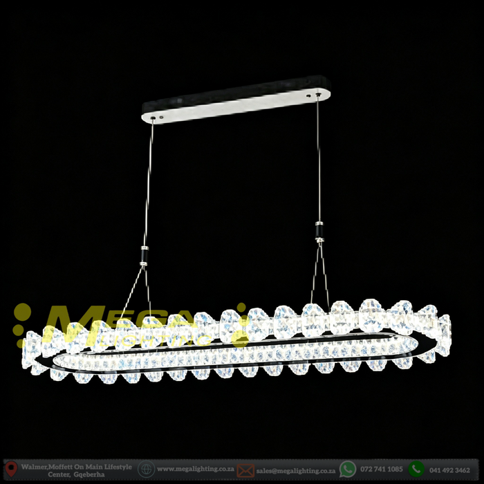 Modern Luxury Oval Crystal Linear LED Pendant Light | 120x40x8cm | Adjustable Height 1-1.5m | 3-Color Temp (3000K/4000K/6500K) with Remote | Matte Silver for Dining Room, Living Room &amp; Kitchen Island | MEGA LIGHTING South Africa